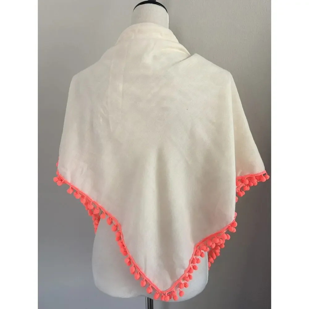 Hollister Scarf Womens One Size Ivory Neon Orange Pom-Pom Trim Wrap Lightweight
